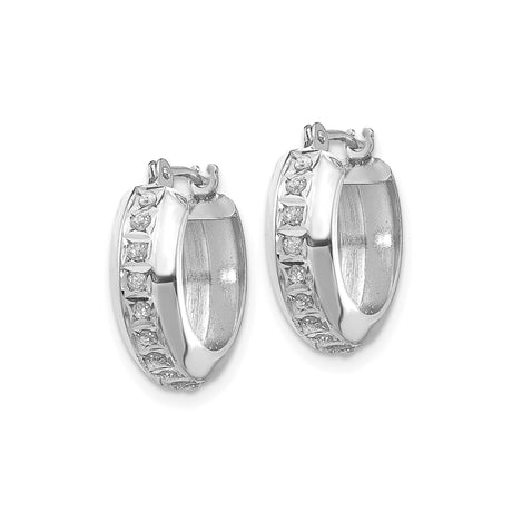 14k White Gold Diamond Hoop Earrings, Channel Set Round Cut, Hinged Closure