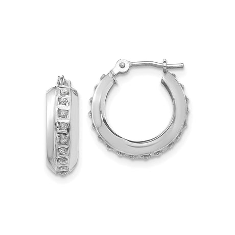 14k White Gold Diamond Hoop Earrings, Channel Set Round Cut, Hinged Closure