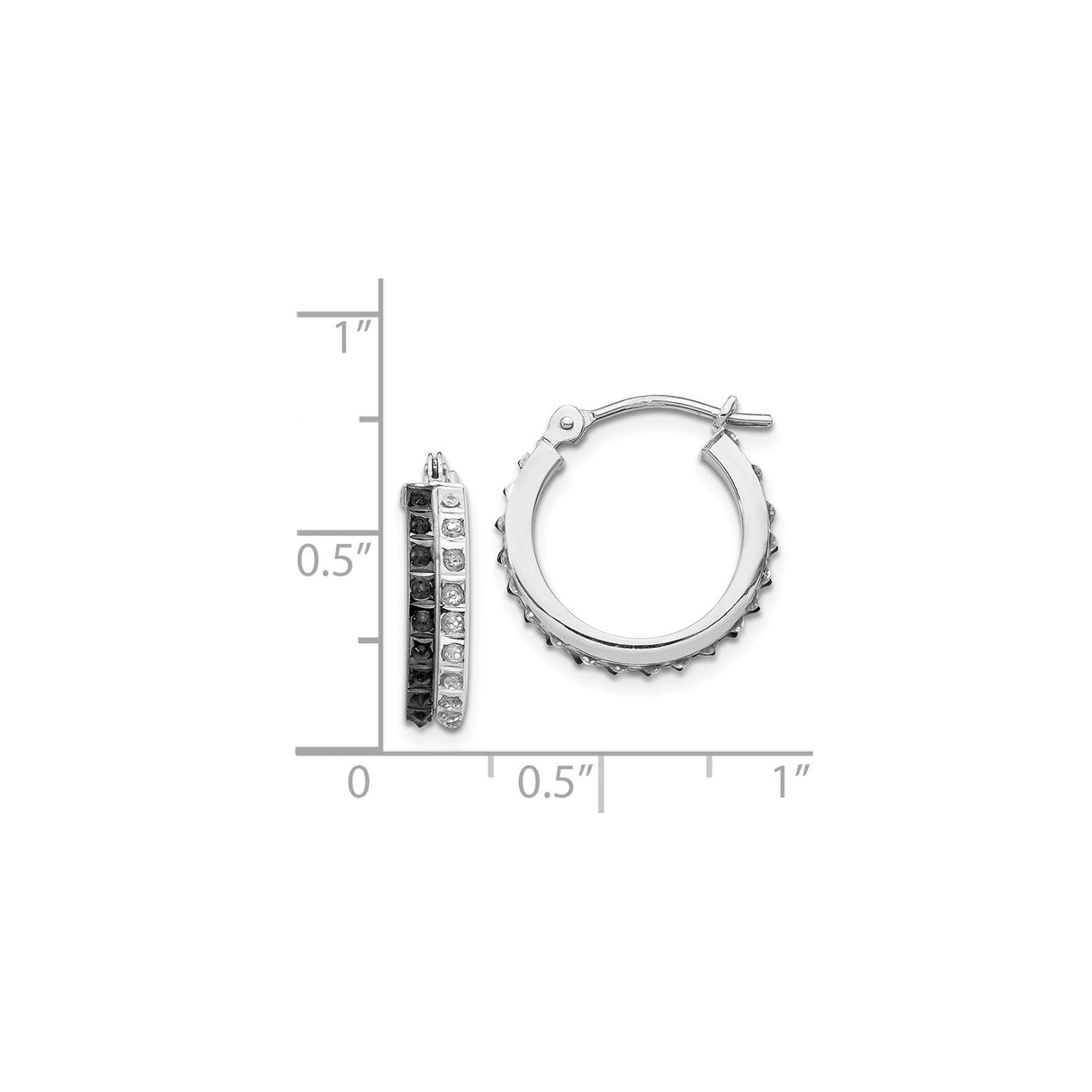 14k White Gold Hoop Earrings with Black and White Diamonds, Channel Set Modern Style