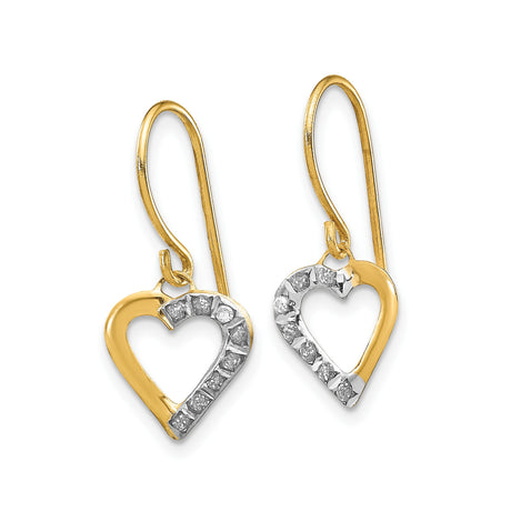 14k Yellow Gold Dangle Earrings with Diamond Accents, Open Heart Design for Women