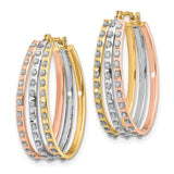 14k Tri Color Gold Hoop Earrings with Cubic Zirconia, Round Cut, Polished Finish