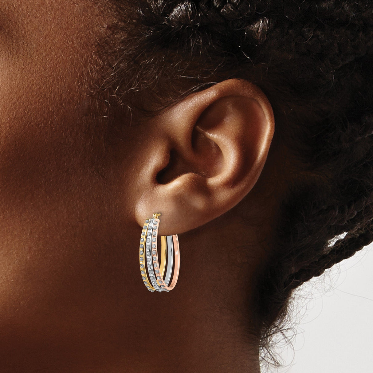 14k Tri Color Gold Hoop Earrings with Cubic Zirconia, Round Cut, Polished Finish