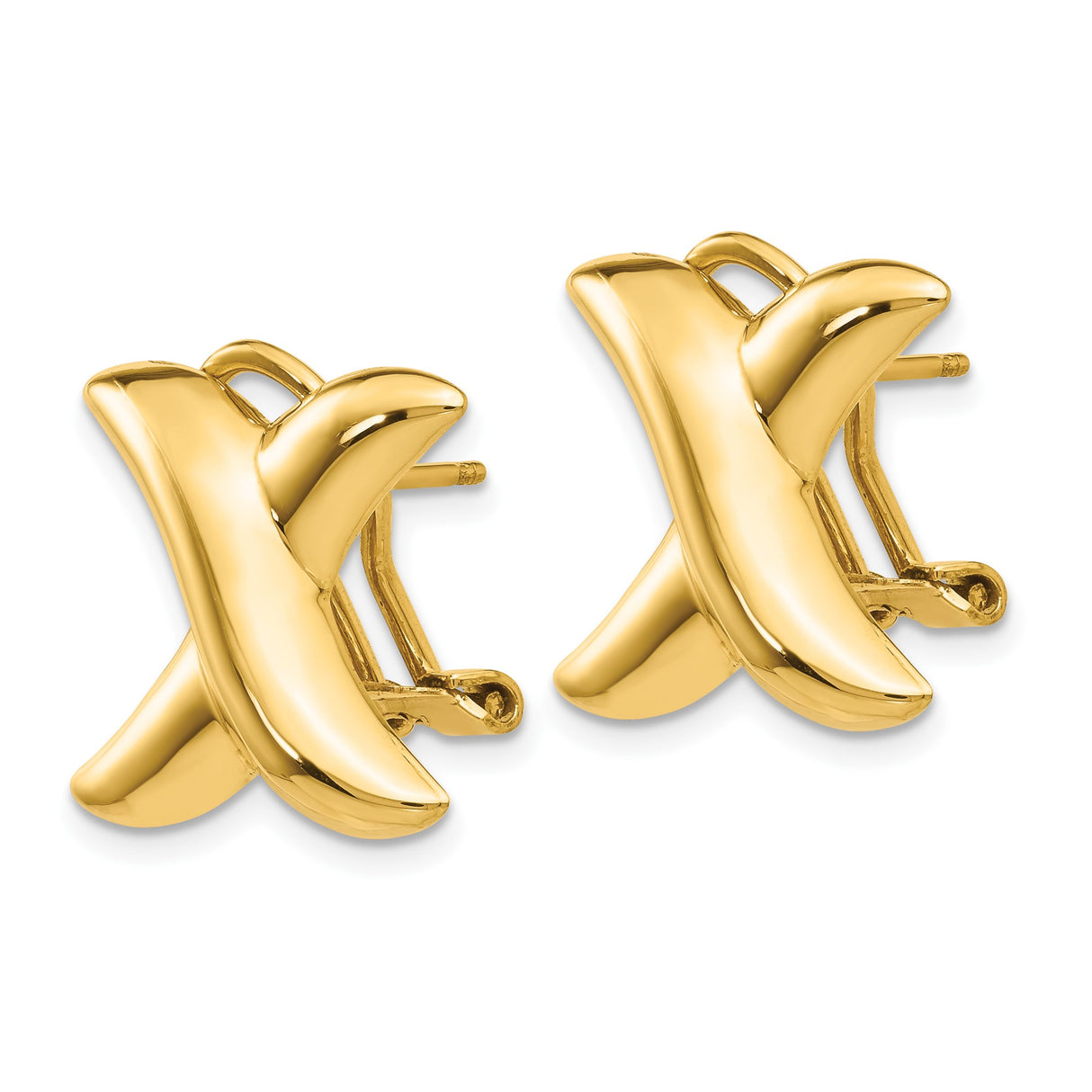14k Yellow Gold Stud Earrings, X Design with Omega Back, Bold Modern Geometric Style for Women