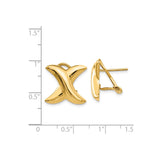 14k Yellow Gold Stud Earrings, X Design with Omega Back, Bold Modern Geometric Style for Women