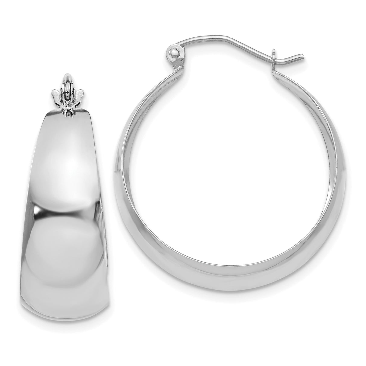 14k White Gold Hoop Earrings, Polished Tapered Design with Hinged Closure