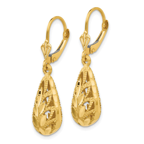 14k Yellow Gold Teardrop Leverback Earrings with Leaf Cut Detailing and Textured Finish