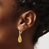 14k Yellow Gold Teardrop Leverback Earrings with Leaf Cut Detailing and Textured Finish
