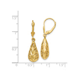 14k Yellow Gold Teardrop Leverback Earrings with Leaf Cut Detailing and Textured Finish