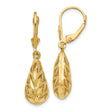 14k Yellow Gold Teardrop Leverback Earrings with Leaf Cut Detailing and Textured Finish