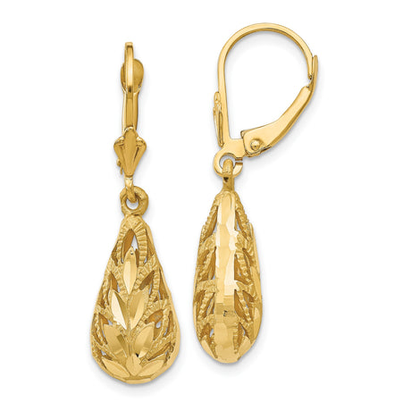 14k Yellow Gold Teardrop Leverback Earrings with Leaf Cut Detailing and Textured Finish
