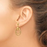 14k Yellow Gold Dangle Earrings with Interlocking Textured and Polished Circles, Geometric Design