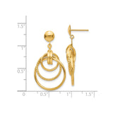 14k Yellow Gold Dangle Earrings with Interlocking Textured and Polished Circles, Geometric Design
