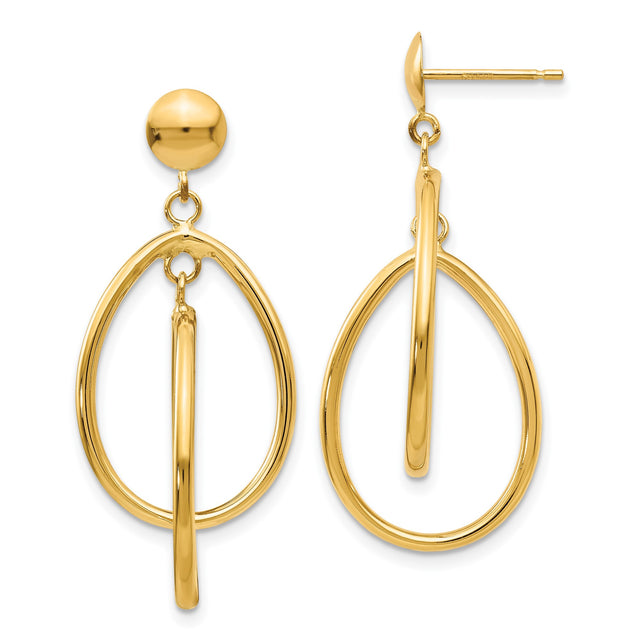 14k Yellow Gold Drop Earrings with Open Teardrop and Oval Loop Design for Women