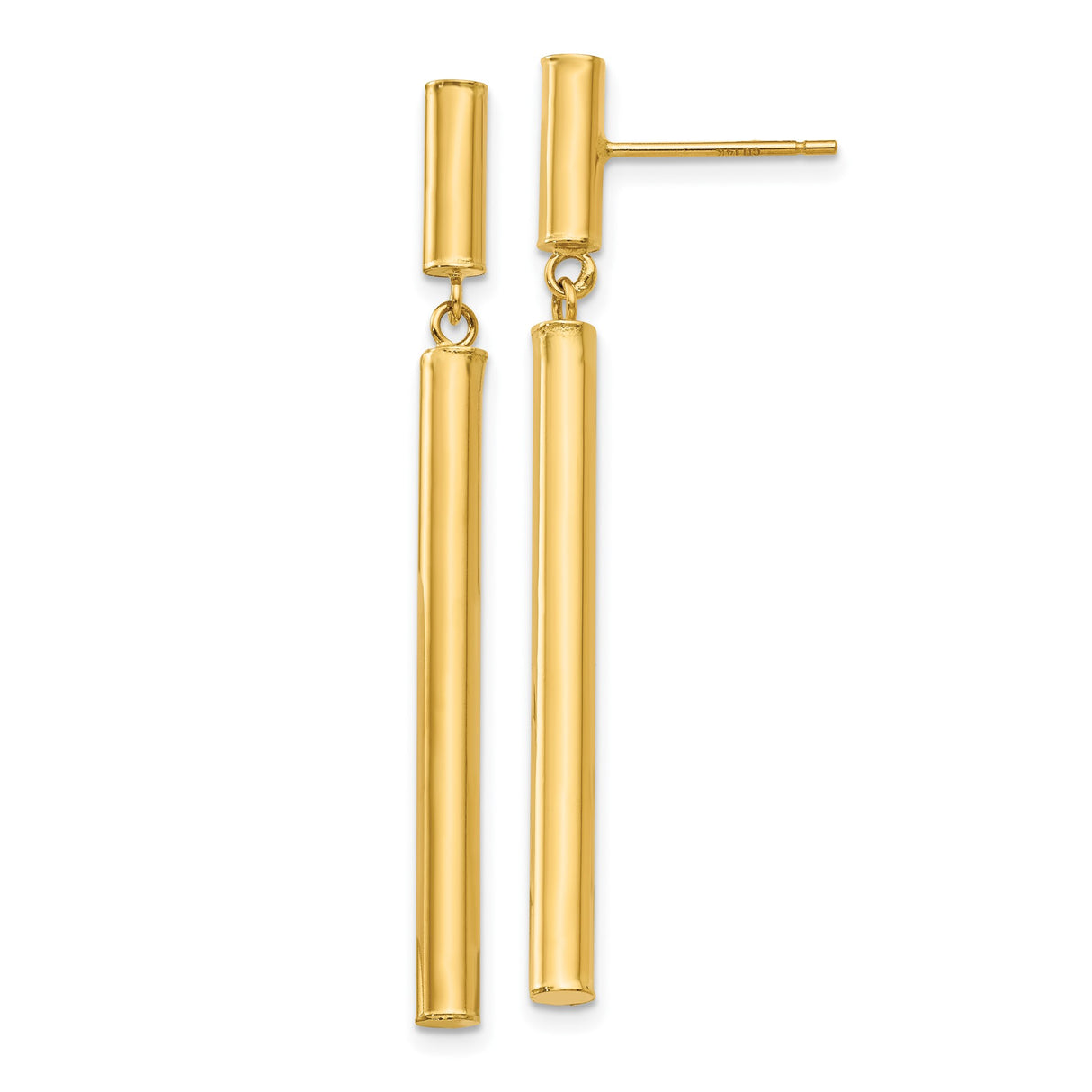 14k Yellow Gold Drop Earrings, Minimalist Vertical Bar Dangles, Sleek Modern Design