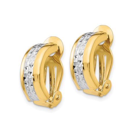 14K Two Tone Hoop Earrings Diamond Cut Rhodium Center