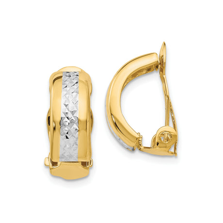 14k Two-Tone Hoop Earrings for Women with Diamond-Cut Rhodium Center, High-Polish Yellow Gold Edges, Hinged Classic Oval Hoops, Textured Fine Jewelry, Bold Everyday Statement Earrings