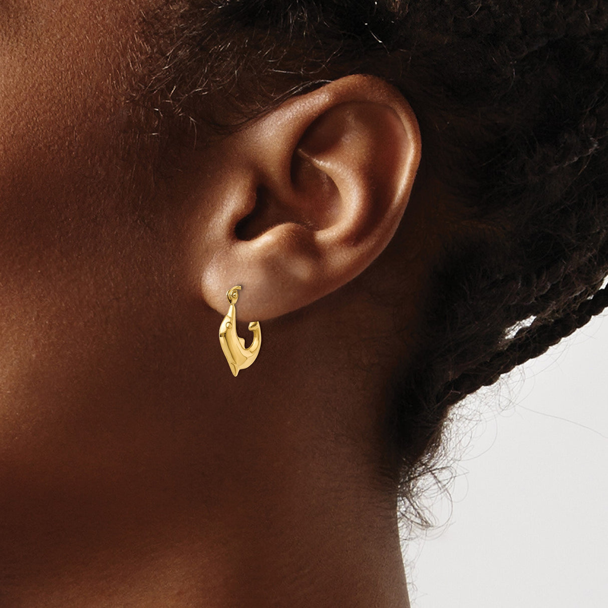 14k Yellow Gold Dolphin Hoop Earrings, Lightweight Marine Life Design for Women