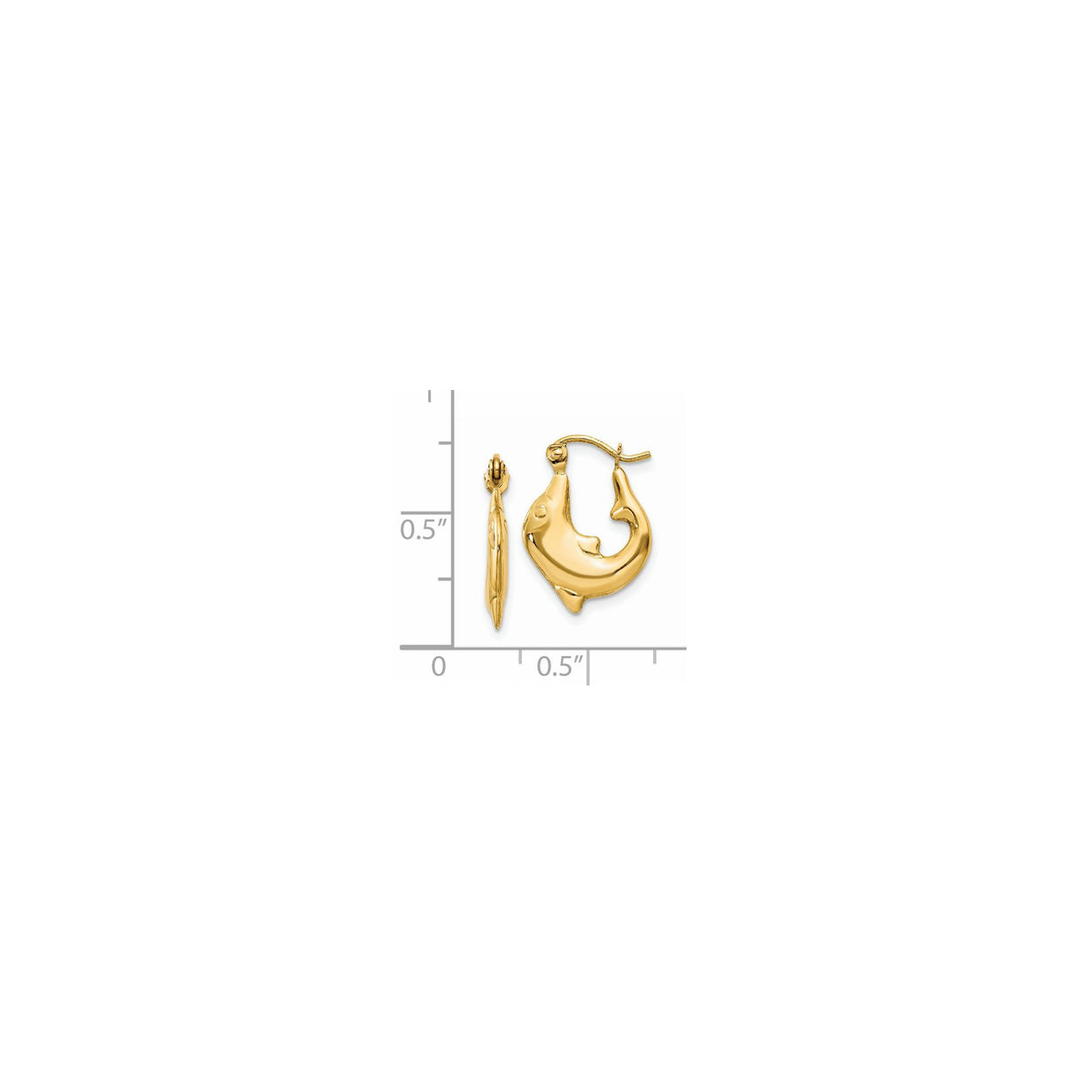 14k Yellow Gold Dolphin Hoop Earrings, Lightweight Marine Life Design for Women