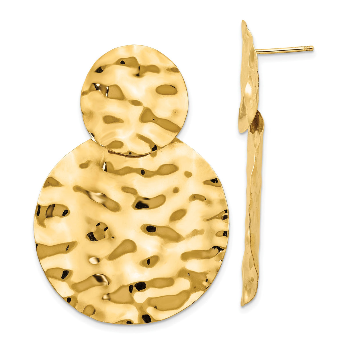 14k Yellow Gold Dangle Earrings with Hammered Double Circle Design, Modern Geometric Style