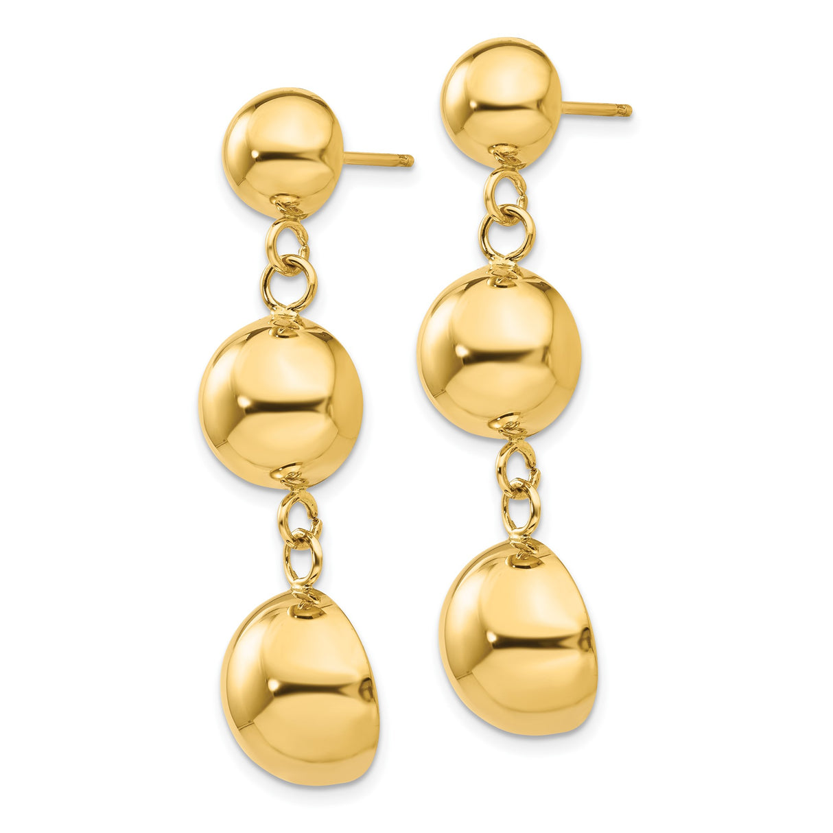 14k Yellow Gold Dangle Earrings with Graduated Dome Spheres, Long Drop Design, Mirror Finish
