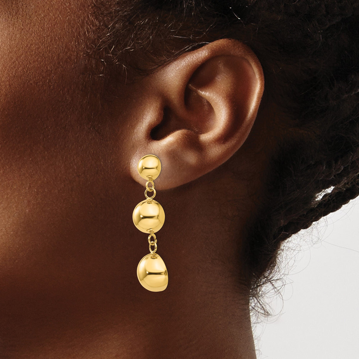 14k Yellow Gold Dangle Earrings with Graduated Dome Spheres, Long Drop Design, Mirror Finish