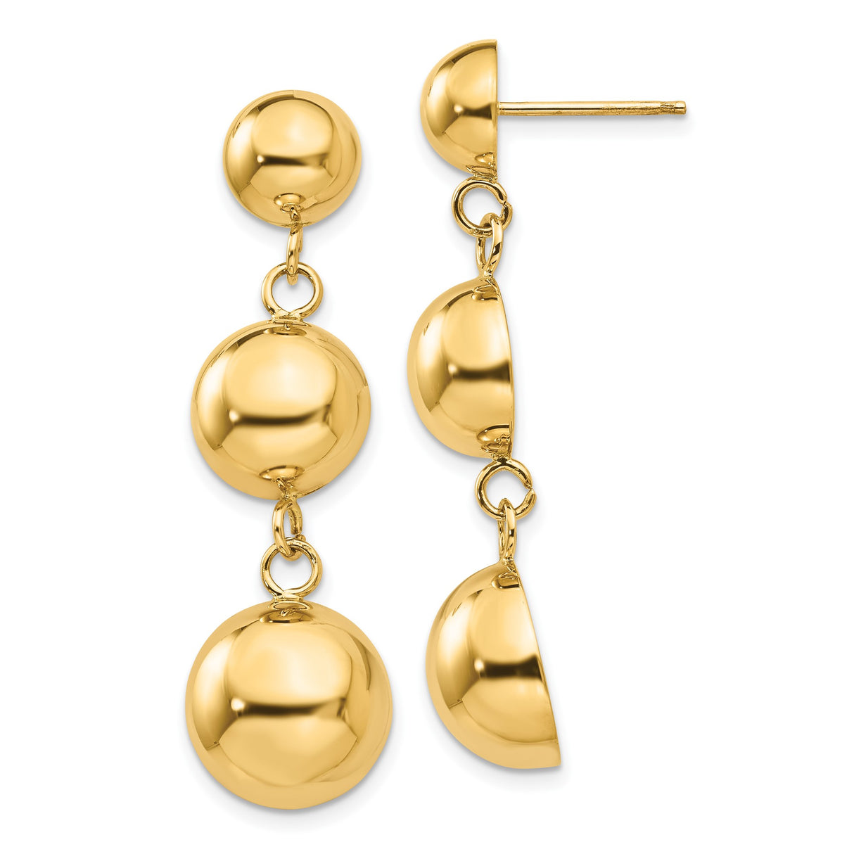 14k Yellow Gold Dangle Earrings with Graduated Dome Spheres, Long Drop Design, Mirror Finish