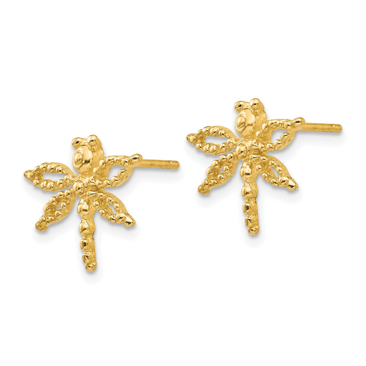 14k Yellow Gold Dragonfly Stud Earrings with Textured Beaded Wings, Nature-Inspired Design for Women