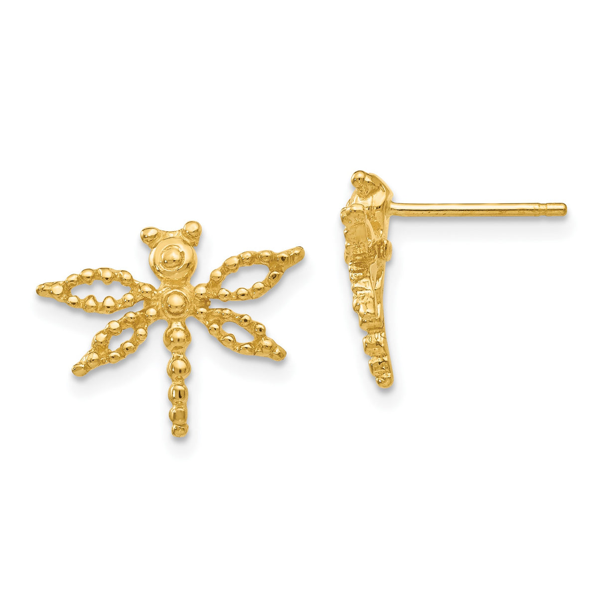 14k Yellow Gold Dragonfly Stud Earrings with Textured Beaded Wings, Nature-Inspired Design for Women