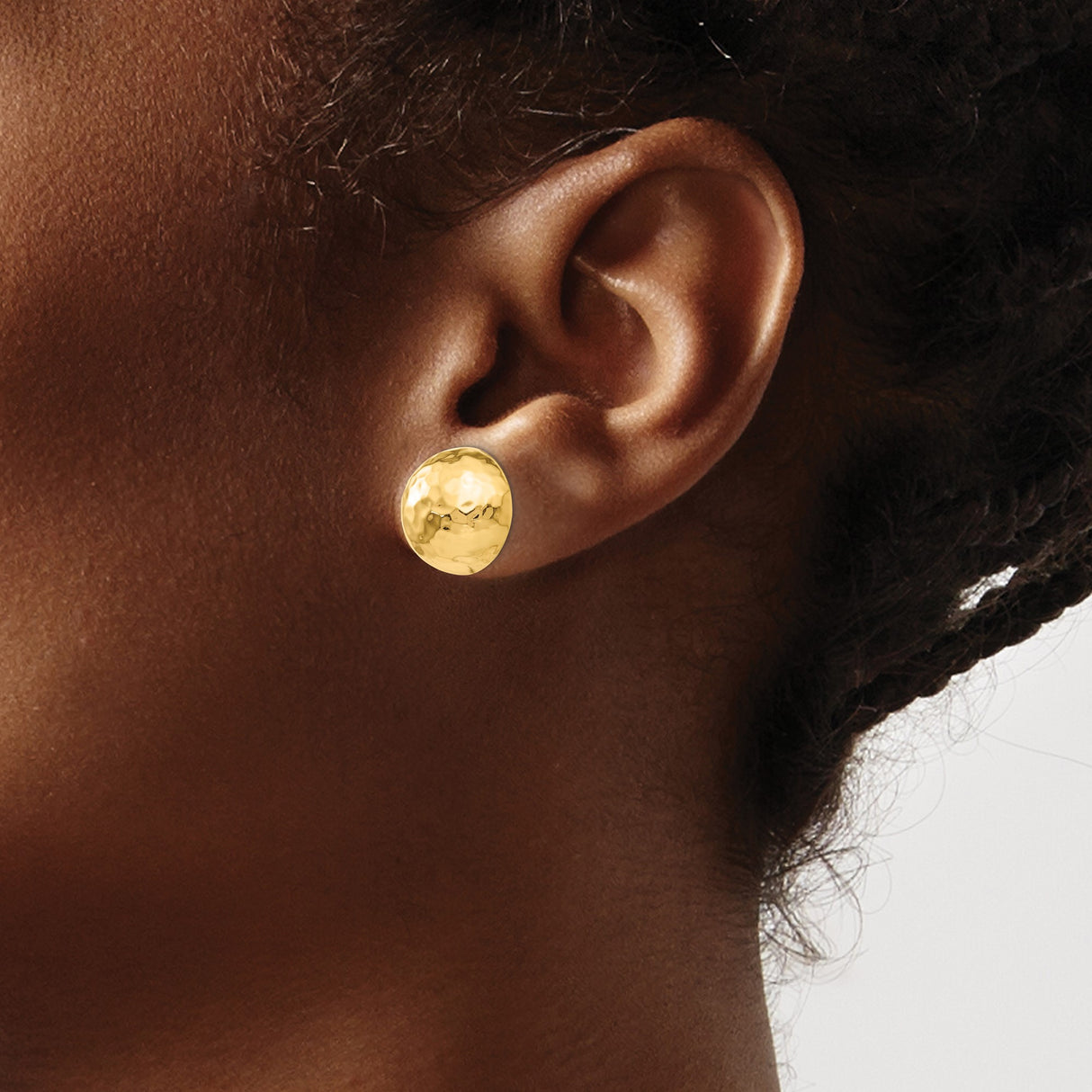 14k Yellow Gold Stud Earrings, Hammered Dome Design with Polished Finish for Women