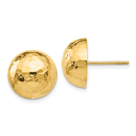 14k Yellow Gold Stud Earrings, Hammered Dome Design with Polished Finish for Women