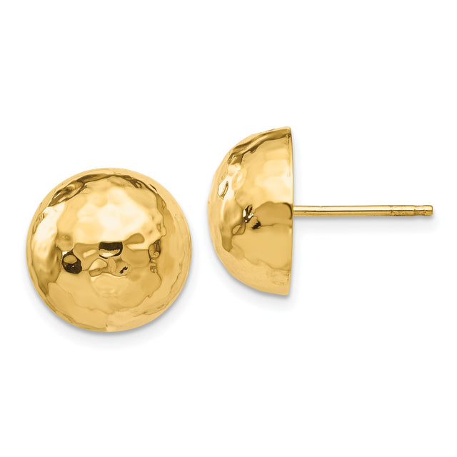 14k Yellow Gold Stud Earrings, Hammered Dome Design with Polished Finish for Women