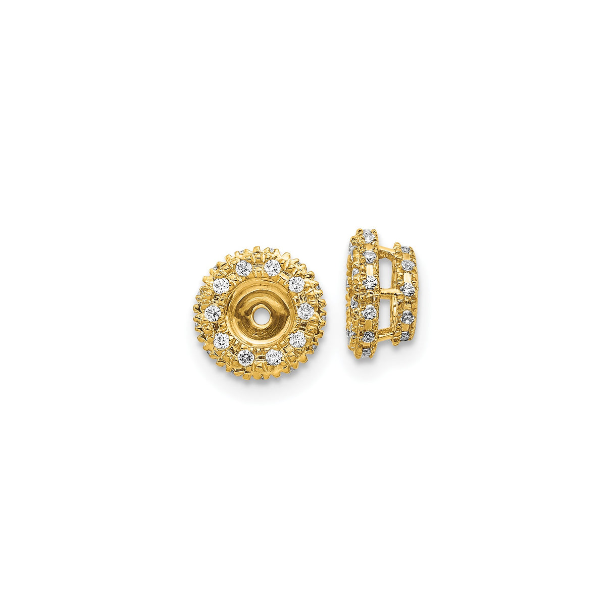 14k Yellow Gold Earring Jackets with Round Cut Diamonds, Circular Halo Stud Enhancers