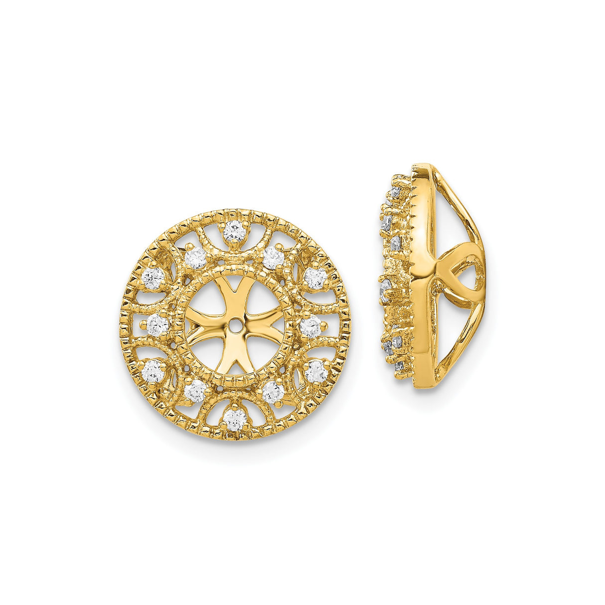 14k Yellow Gold Stud Earrings with Diamond, Filigree Cross Starburst and Halo Design