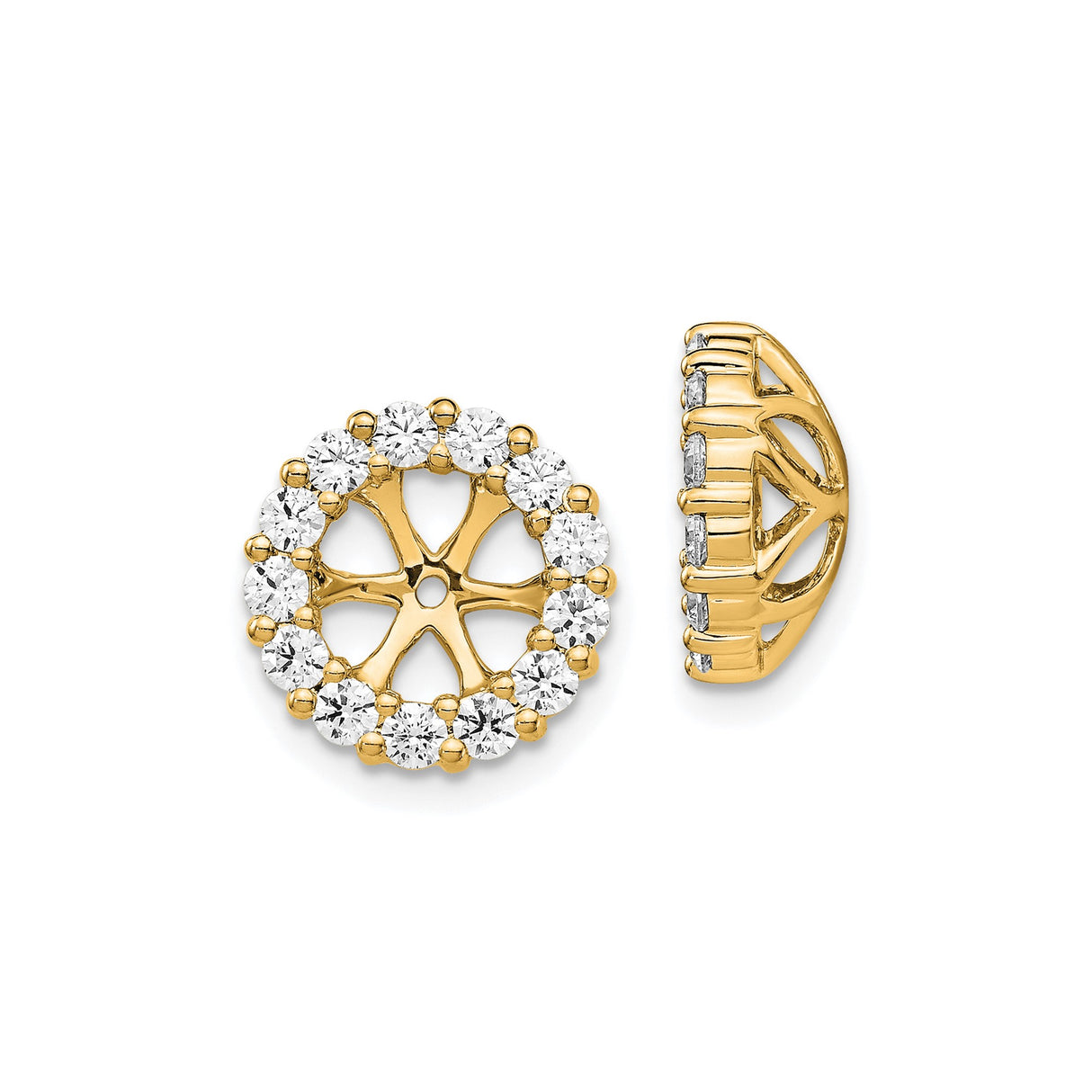 10k Yellow Gold Earring Jackets with Diamond Halo, Circular Starburst Radiant Wheel Design