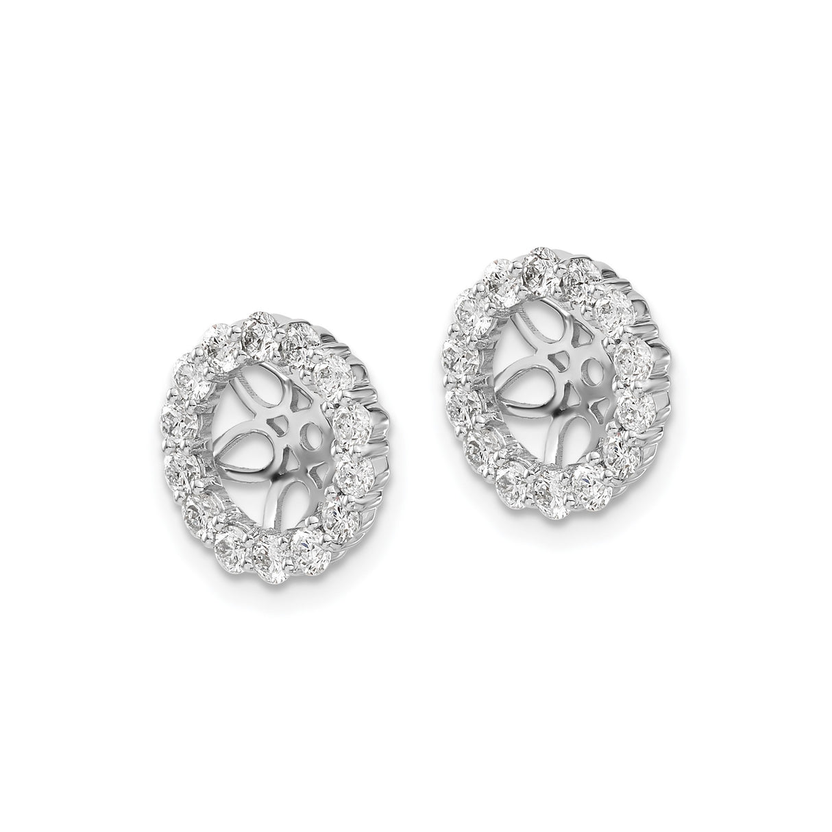 14k White Gold Diamond Earring Jackets, Round Halo with Floral Filigree Design
