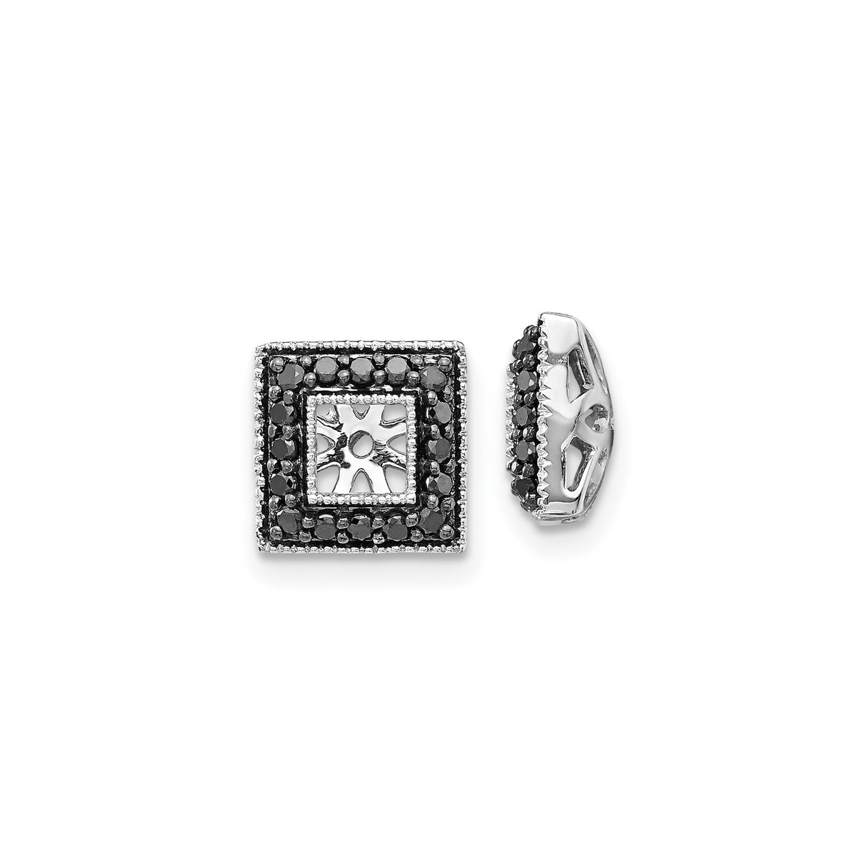 14k White Gold Earrings with Black Diamond Accents, Geometric Sunburst Studs