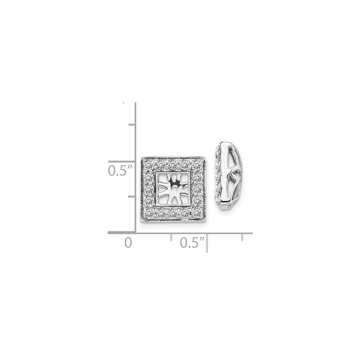14k White Gold Square Earring Jackets with Diamond Cut Border and Sunburst Design