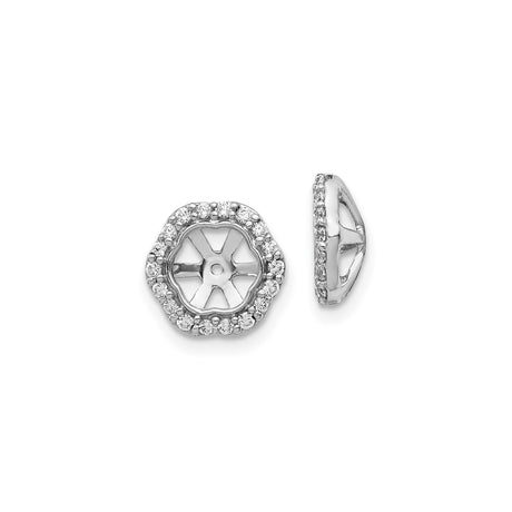 14k White Gold Earring Jackets with Diamond Accents, Round Halo Floral Design Enhancers
