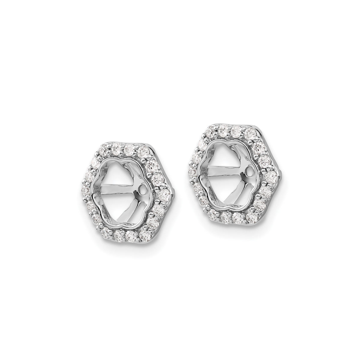 14k White Gold Earring Jackets with Diamond Accents, Hexagon Starburst Design