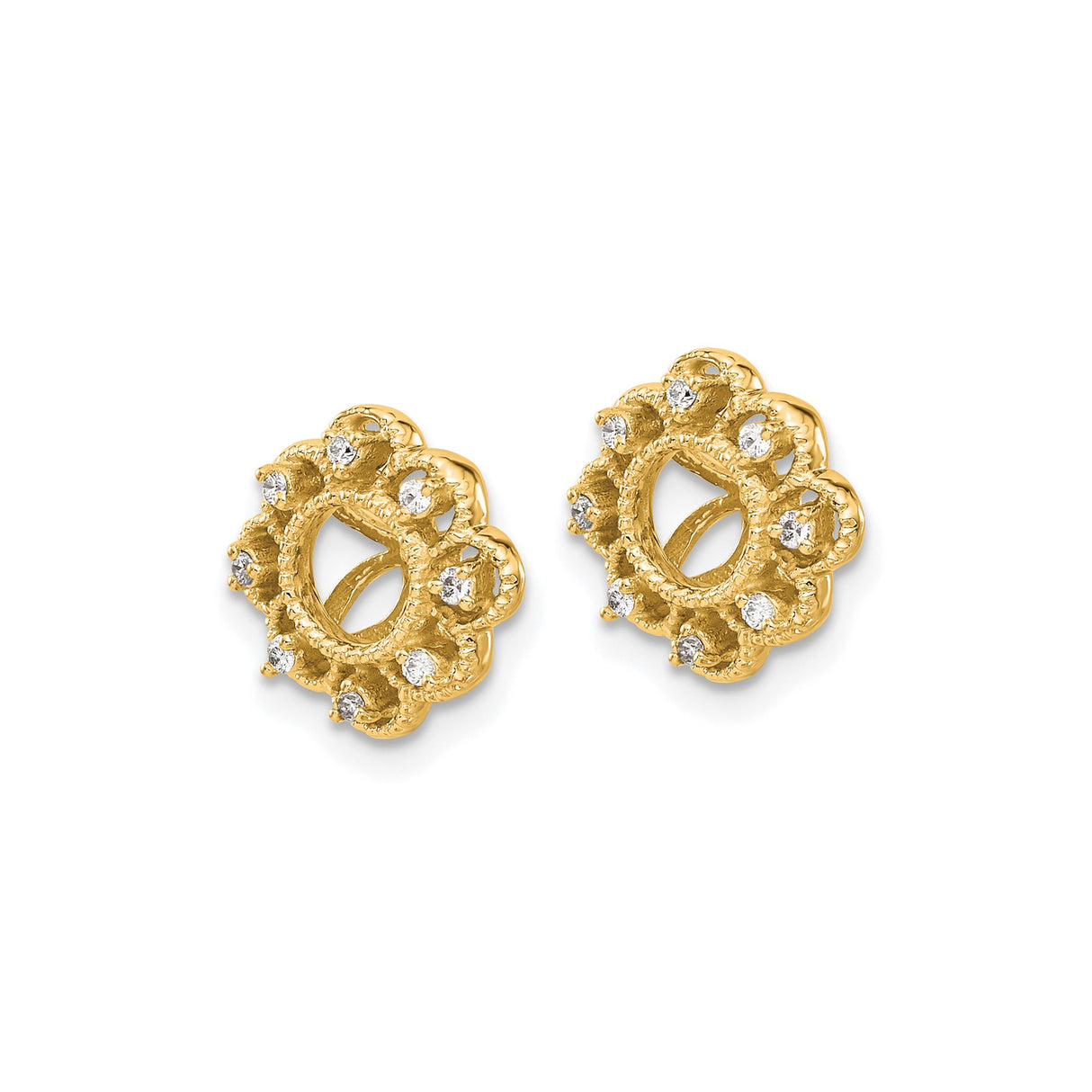 14k Yellow Gold Stud Earrings with Diamond Accents, Floral Lace Filigree Mandala Design