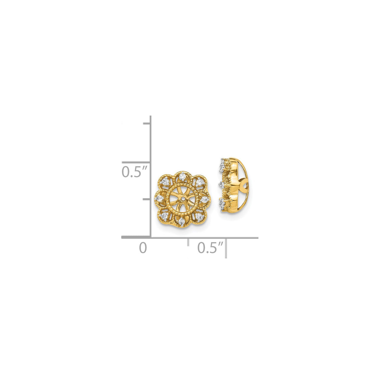 14k Yellow Gold Stud Earrings with Diamond Accents, Floral Lace Filigree Mandala Design