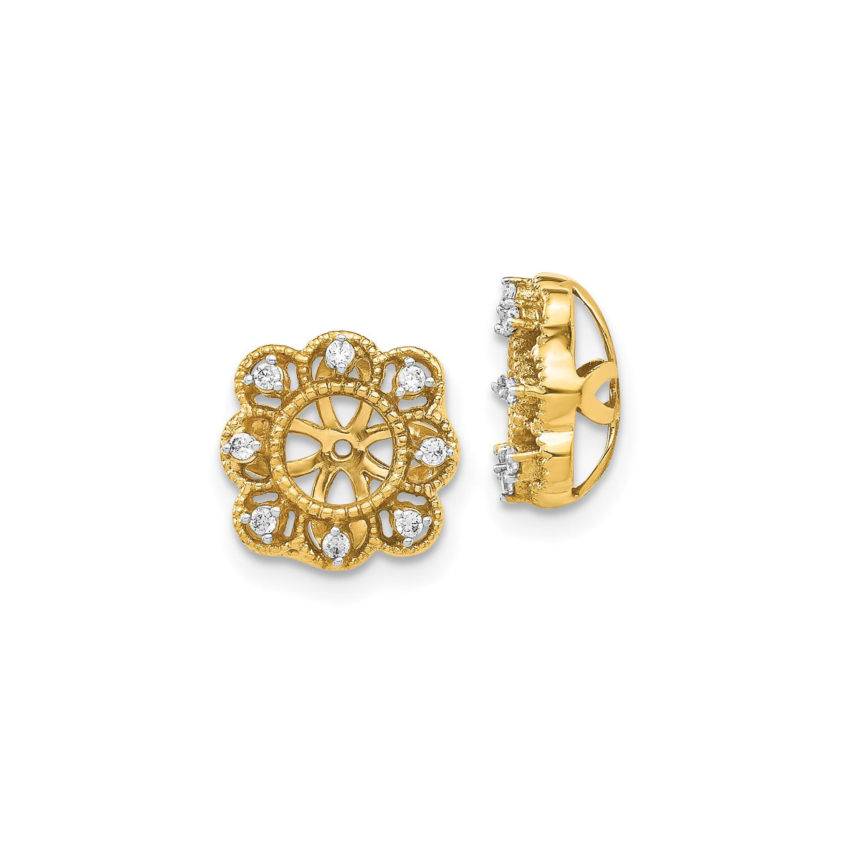 14k Yellow Gold Stud Earrings with Diamond Accents, Floral Lace Filigree Mandala Design