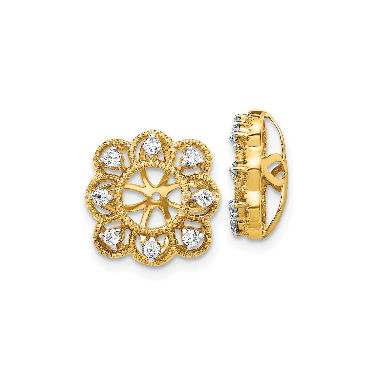10k Yellow Gold Earring Jackets, Floral Openwork Design with Diamond Accented Petals, Vintage Style