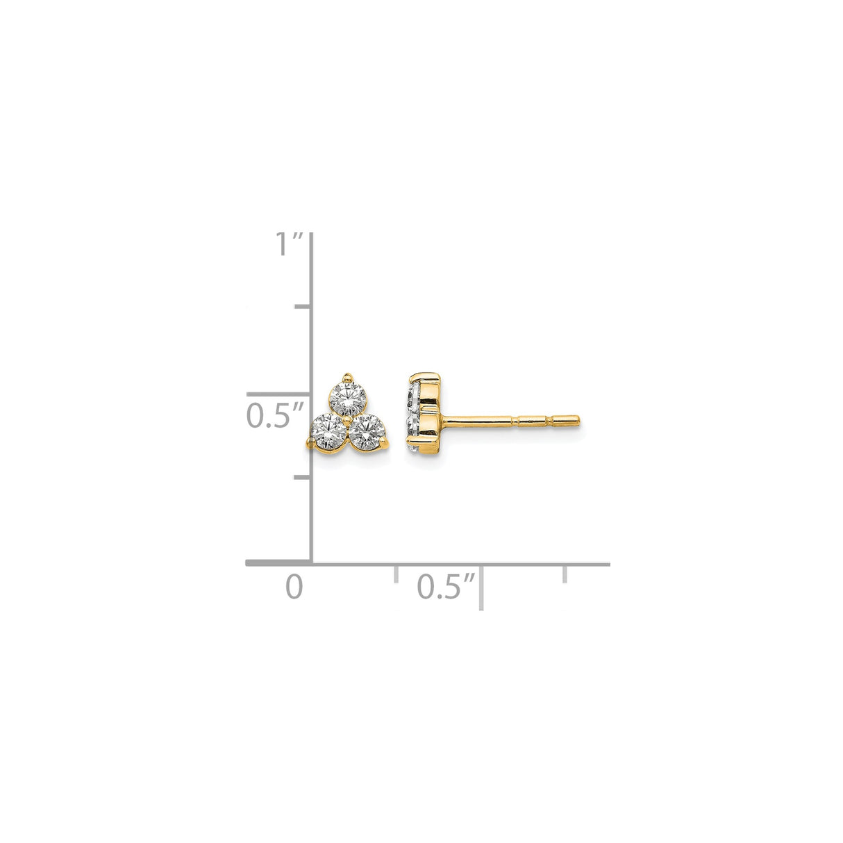 14k Yellow Gold Stud Earrings with Trio of Round Cut Clear Gemstones in Triangle Formation