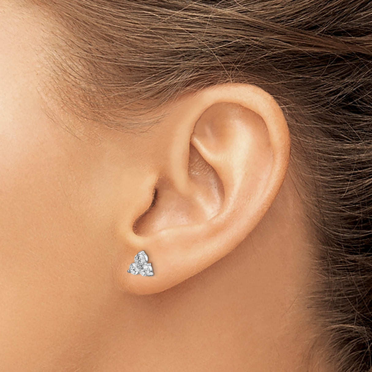 14k White Gold Stud Earrings with Three Round Cut Lab Diamonds in Triangular Cluster Design