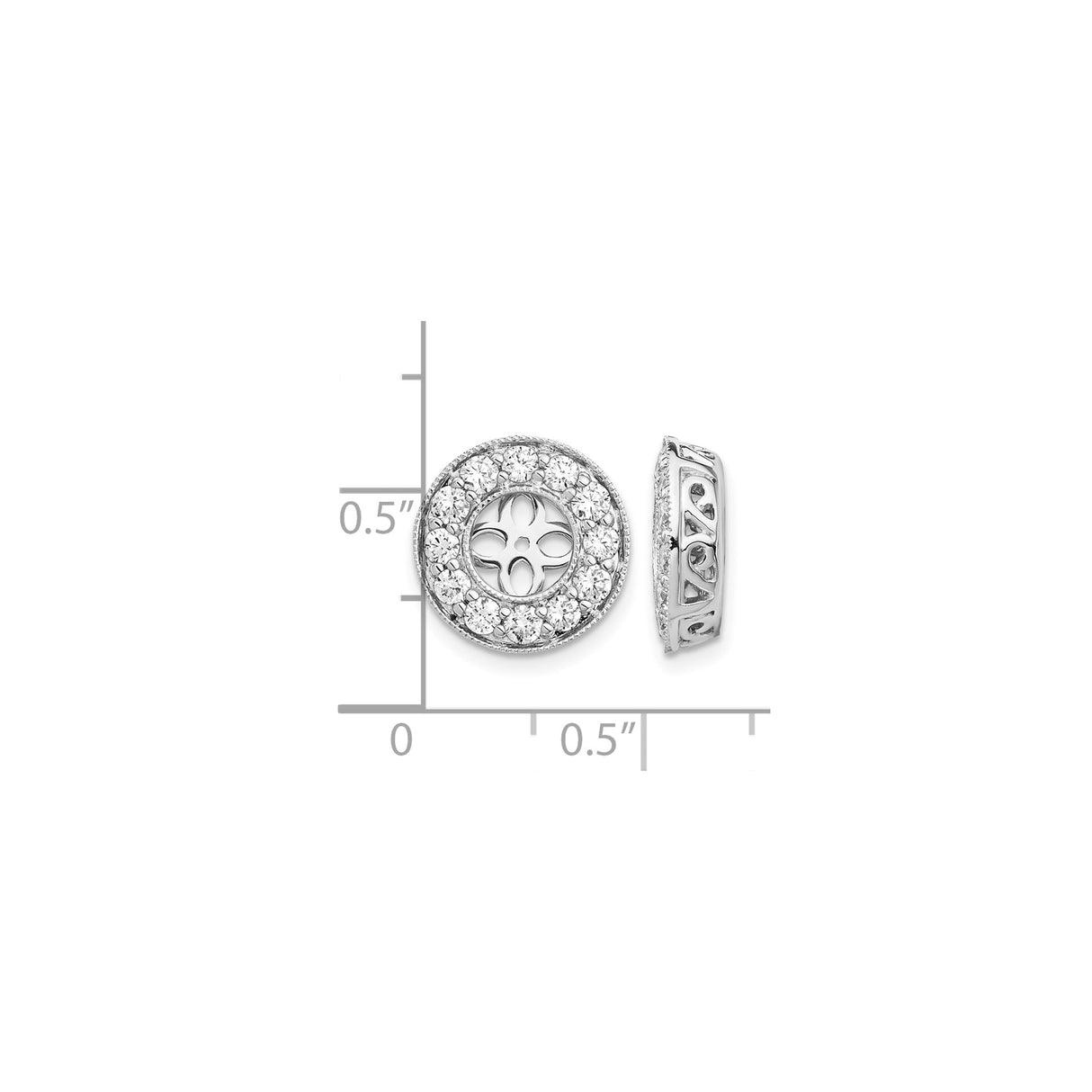 14k White Gold Earring Jackets with Cubic Zirconia, Floral Cutout and Heart Filigree Design