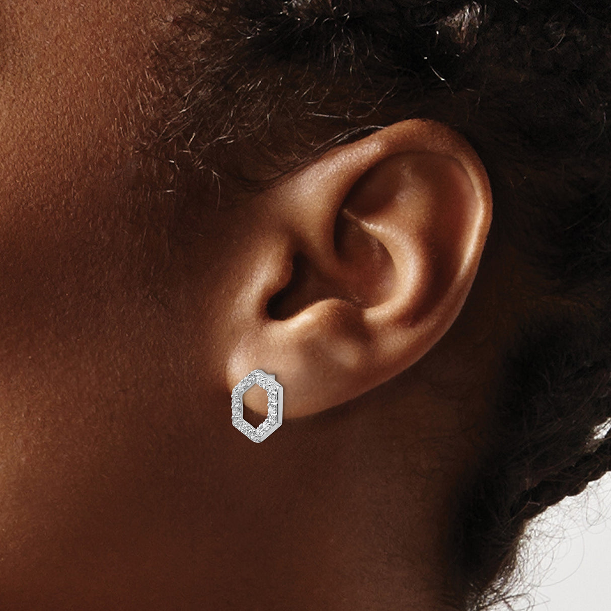 14k White Gold Hexagon Stud Earrings with Lab Grown Diamonds, Open Geometric Design