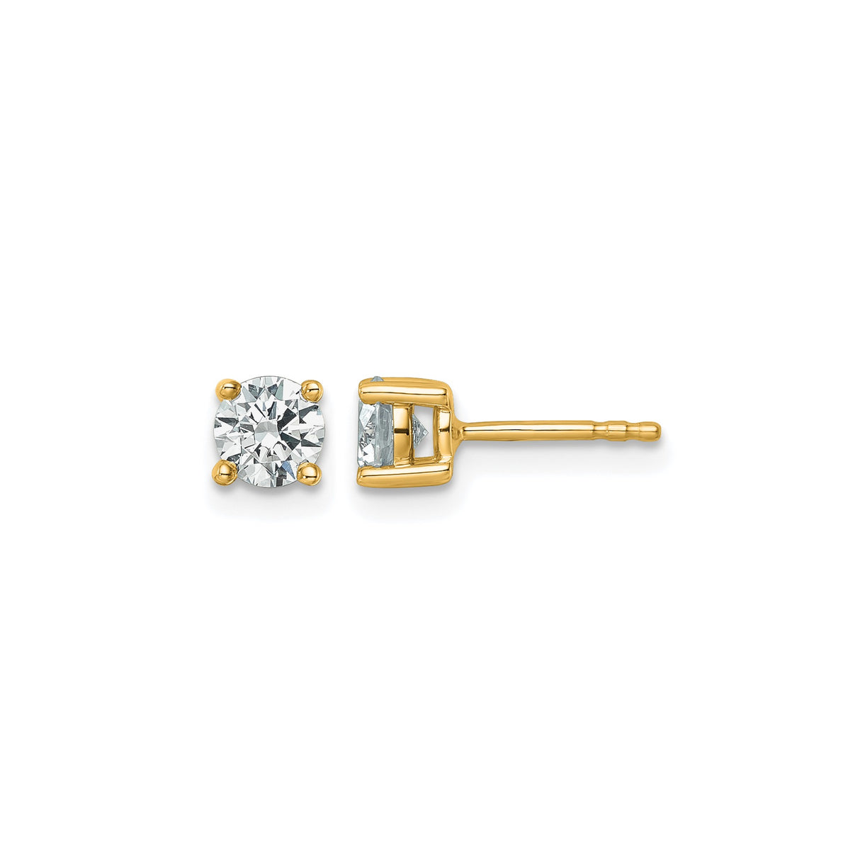 14k Yellow Gold Stud Earrings, Round Cut Clear Gemstone, Classic Four Prong Setting