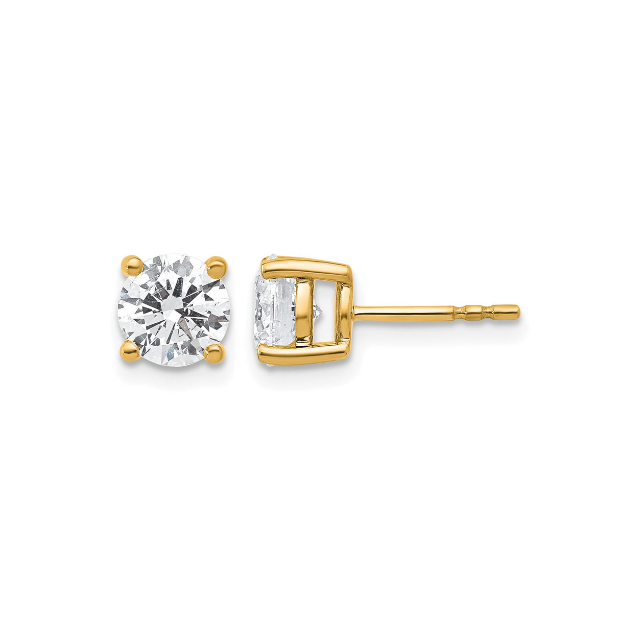 14k Yellow Gold Solitaire Stud Earrings with Round Cut Clear Gemstones in Four Prong Setting