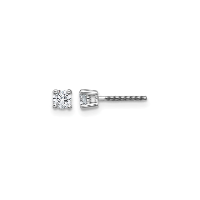 14k White Gold Diamond Stud Earrings, Round Cut Solitaire, Classic Four Prong Setting
